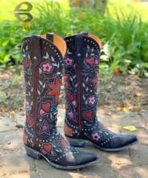 cowgirls cowboy heart floral Mid Calf Boots women stacked heeled Women Embroidery Work ridding Western Boots shoes big size 46