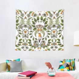 Tapestries Spring Reflection - Floral/Botanical Pattern W/ Birds Moths Dragonflies & Flowers Tapestry Wall Art