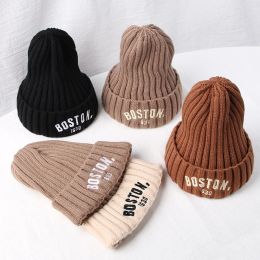 Solid Color Letter Baby Beanie Cap Winter Warm Knit Hat for Girls Boys Vintage Embroidered BOSTON Toddler Kids Crochet Bonnet