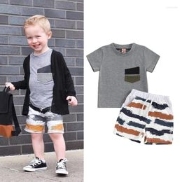 Clothing Sets FOCUSNORM 0-4Y 2Pcs Toddler Kids Boys Summer Clothes Short Sleeve Pocket Patchwork T-Shirt Striped Shorts