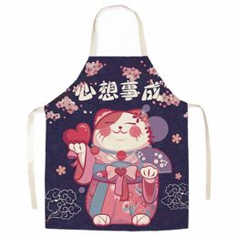 japanese Style Apr For Women Cott Linen Carto Cat Household Cleaning Kitchen Cooking Baking Restaurant Oil-proof Aprs I3qr#