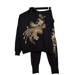 Women's Two Piece Pants Beading Phoenix Embroidery Knitted Tracksuits Women Black Outfits 2pc Loose Long Sleeve Pullover Sweater Pencil Set