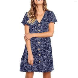 Casual Dresses Women Polka Dot V Neck Button Down Ruffles Loose Mini Short T Shirt Dress Long Sleeve For Summer