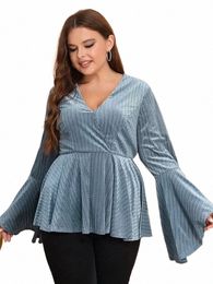 printed T-Shirts for Women Blue V Neck Lg Flare Sleeves Tunic Autumn Elegant Streetwear Party Evening Fi Plus Size Tops b6Bo#