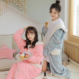 Home Clothing Thick Long Sleeve Fleece Flannel Bath Robe Women Warm Solid Hooded Bathrobe Dressing Gown