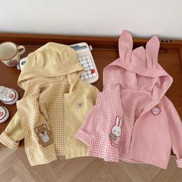Jackets Autumn Kids Double-sided Jacket Cartoon Embroidery Boys Hooded Baby Girls Plaid Cardigan Coat Cotton Children Outerwear