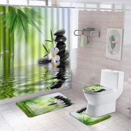 Shower Curtains 3D Green Bamboo Flower Pebble Printed Bathroom Curtain Hook Plant Landscape Bath Non Slip Mat Rug Lid