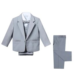 Spring Autumn Baby Boys Suit Set Kids Gentleman Blazer Vest Shirt Bow Tie Pants 5Pcs Sets Children Wedding Party Formal Clothes