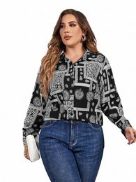 gibsie Plus Size Ethnic Print Lg Sleeve Shirt Women 2023 Spring Autumn Boho Turn-down Collar Casual Loose Shirts And Blouses X7Wg#