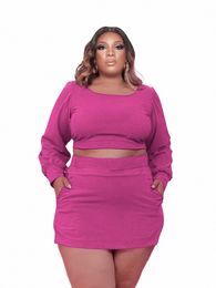 cm.yaya Plus Size Women Bodyc Midi Mini Skirt Suit and Lg Sleeve Mini T-shirt Fi Curve Two 2 Piece Set Outfits y7ac#