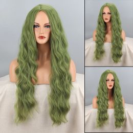 Wigs Green Long Wavy Wig Halloween Cosplay Wigs For Women Daily Wear Natural Synthetic Wig High Temperature Fiber