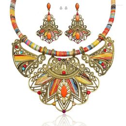 Necklace Earrings Set Bohemian Earring Chunky Enamel Multicolor Pendant Vintage For Rhinestone Ethnic Choker Eardrop Dangler