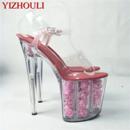 Dance Shoes 20 Cm Sexy High Heel Ladies Fashion Transparent Sandals 8 Inches Pink Flowers For The Wedding Crystal