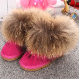 Genuine Leather Children Shoes Kids Snow Boots Natural Big Fox Fur Cold Winter Boys Girls Warm Botas Baby Boots
