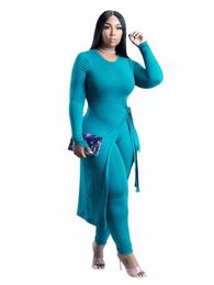 cm.yaya Plus Size Two 2 Piece Sets for Women Outfits Lg Sleeve Split Side Maxi T-shirt and Legging Pants Streetwear Tracksuit z4pr#