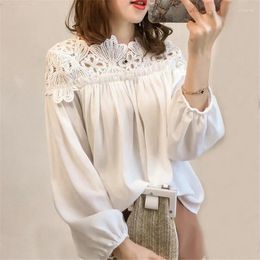 Women's Blouses Women Chiffon Blouse Tops Spring Autumn Loose White Lace Female Long Sleeve Shirt Hollow Plus Size