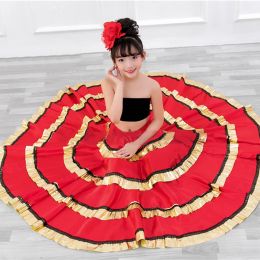 New Adult Kids Female Spanish Flamenco Skirt Women Gypsy Girls Belly Dancing Costumes Kids Red Black Striped Big Swing Dress