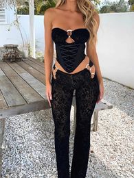 Women's Pants Women S Lace Mesh 2Pcs Outfits Off Shoulder Metal Ring Corset Tube Tops With Mid-Rise Flare Set Y2K Streetwear