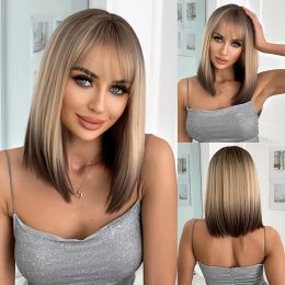 Wigs HENRY MARGU Short Straight Bob Synthetic Wigs for Black Women Blonde Brown Ombre Wigs with Bangs Cosplay Hair Heat Resistant