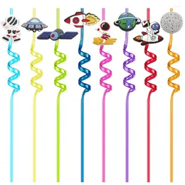 Party Decoration 8Pcs Outer Space Straws Favors Theme Birthday Supplies Solar System Rocket Spaceship Satellite Planet Attachment