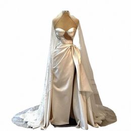 real Photos Satin Beads Wedding Dres With Veil Pretty Strapl Lace Appliques Mermaid Bridal Dr Side Slit Prom Party Gown C3om#