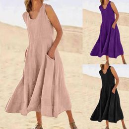 Casual Dresses Women Coton Linen Sundress Summer Female Sleeveless Double Big Pocket Loose Sand Beachwear Long Dress Oversized Vestidos