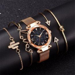 Fashion Bracelet Watches Women 5 Pcs Set Luxury Rose Gold Lady Watches Starry Sky Magnet Buckle Gift Watch for Female 201204236K