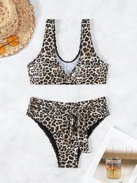 Women's Swimwear XS - L Leopard Knotted Female Swimsuit High Waist Bikini Women Two-pieces Set Bather Bathing Suit Swim K5193