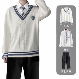 autumn And Winter College Style V-neck Knitted Sweater Unisex Student Shirt Sweater Pants 3-pcs JK Uniform Couple Class Service K1We#