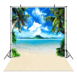 Sea Beach Sand Cloudy Blue Sky Scene Summer Beach Photography Backdrop for Photo Studio Tropical Palms Coconut Tree Background