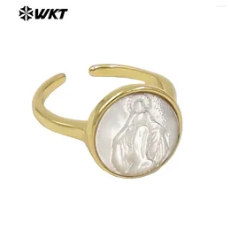 Cluster Rings WT-MPR091 Natural White Shell Round Shape Can Be Adjustable Yellow Brass Religious Charms Decorated