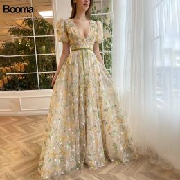 Booma A Line Embroidery Lace Prom Party Dresses Deep V Neck Short Puff Sleeves Evening Gowns for Women Homecoming Events Dresses