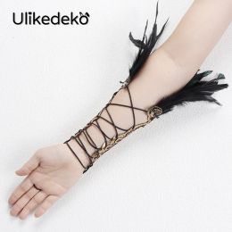 2pcs Steampunk Lace Feather Wrist Cuffs Gothic Feather Gloves Stage Showgirl Brazil Carnival Rave Party Cosplay Latin Dance Wear