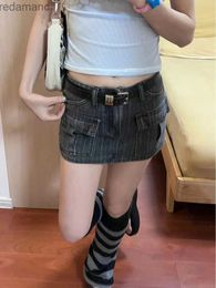 Skirts Skorts HOUZHOU Korean Style Streetwear Denim Skirts Women Vintage High Waist Gray Mini Skirt Y2k Sexy Slim Hot Girl Fashion Jeans 240330