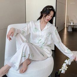 Home Clothing 2024 Spring Pajamas Suit Women Print Flower Sleepwear Nightgown Casual Lapel Clothes Elastic Waist Pyjamas