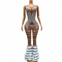 luxurious White Rose Frs Rhinestes Jumpsuit Brown Mesh Sexy Evening Celebrate Dance Outfit Bodysuit Photoshoot Costume V2ha#