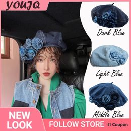 Y2K Korean Designer Vintage Elegance Denim Blue Camellia Beret Hats For Women Spring Summer Femininity Niche Casual Painter Caps