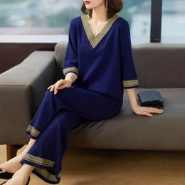 Women's Two Piece Pants Middle-aged Women Suits Elderly V-neck Long Sleeve Blouses Wide-leg Home Wear Female Pyjama Clothes Mother Set