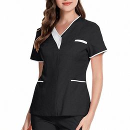 v-neck Short Sleeve Hospital Nurse Tops Pockets Butts Uniforms Women Scrub Tops Dental Beauty Sal Spa Workwear Clohtes M6Zb#