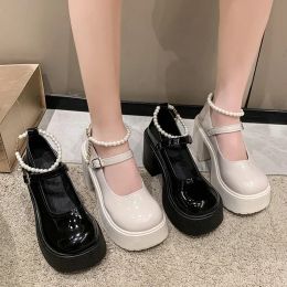 Newly Arrived Fashionable Pearl Buckle Thick Soled High Heeled Shoes 2024 New Spring Autumn Mary Jane Comfortable Women's Shoes