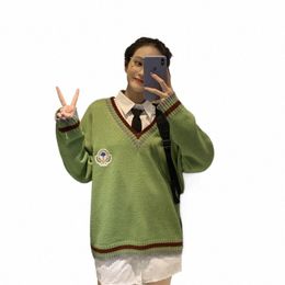 japanese School Uniform Preppy Style Green Sweater Women 2022 Autumn Korean Fi Loose Simple V-neck Casual School Sweater XL O1nP#