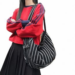 striped Denim Women's Bag New Jeans Shoulder Bag Portable Menger Bag Y2K Eco Korean Shopper Handbag Canvas Satchel Travel W54A#