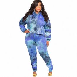 plus Size 2 Piece Outfits Women Clothing Tie Dye Print Hooded Full Sleeve Hoodie and Ruched Trouser Suits Dropship Wholesale 43GC#
