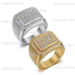 Band Rings Hip Bling Iced Out Stainless Steel Geometric Square Finger Rings for Men Rapper Jewelry Gold Silver Color Size 7-13 T240330