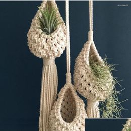 Tapestries Rame Rope Plant Wall Hanging Tassel Flower Basket Net Bag Tapestry Cotton Boho Chi Woven Art For Apartment Dorm Drop Delive Dhftq