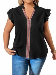 loose Plus Size Women Blouse 2023 V-neck Splicing Ruffled Sleeves Simple Solid Colour Tops Large Female Fi Casual T-shirt D9Is#