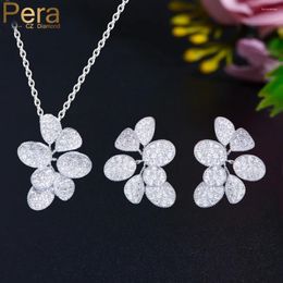 Necklace Earrings Set Pera Fashion Sparkling Cubic Zirconia Flower Leaf Design Pendant And For Women Birthday Party Jewellery J441