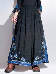 Women's Pants Black Jacquard Chinese Style Embroidered Elastic Waist Skirt Vintage Loose Wide Leg Linen Trousers
