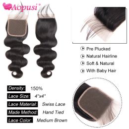 Aopusi Body Wave Bundles Human Hair With Closure Brazilian Hair Body Weave 3/4 Bundles With Closure 8-30'' Human Hair Extensions