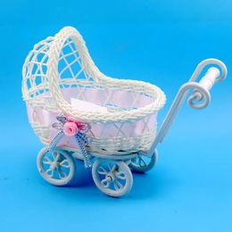 1pc Cart Cane Tricycles Flower Basket Knitted Mini Car Furnishing Articles for Wedding Baby Shower Party Birthday Decor 240318